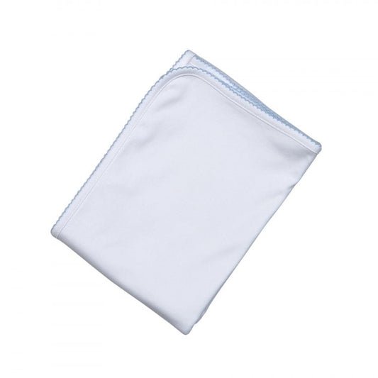 Baby Loren White Receiving Blanket Blue Picot Trim