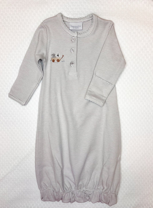Squiggles Gray Striped Gown with Bear Embroidery Boy Newborn