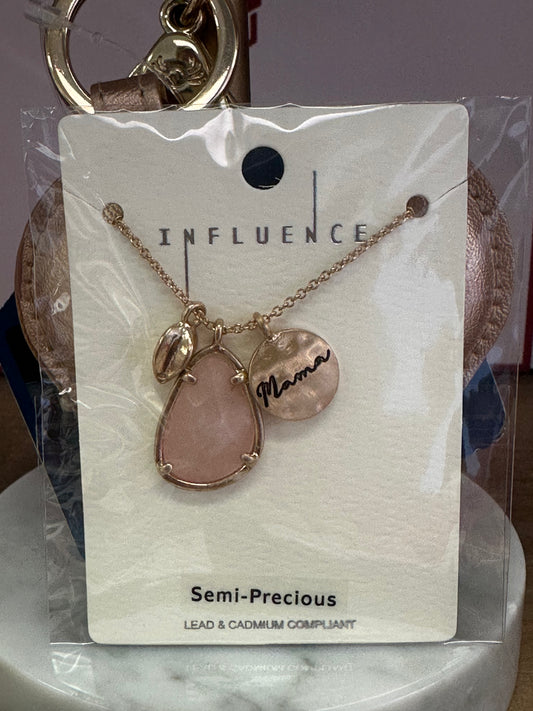 Mama Disk & Teardrop Stone Necklace Rose Quartz