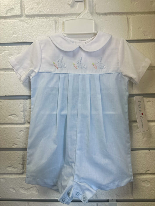 Petit Ami BLUE Shadow Stitched Easter Bunny Romper