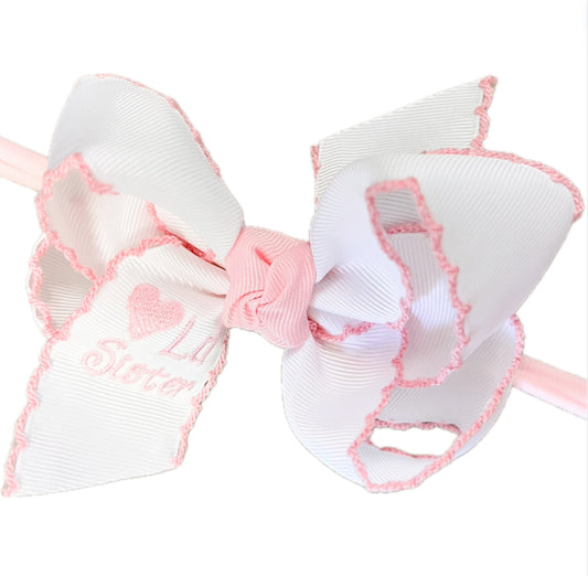 Beyond Creations Embroidered Lil Sister Light Pink Crocheted Edge White 4.5" Bow W/ 1/4" Pantyhose Headband