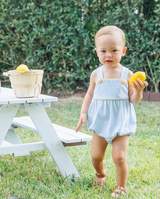 Smock Candy Luke Sunsuit - Light Blue Stripe and Yellow