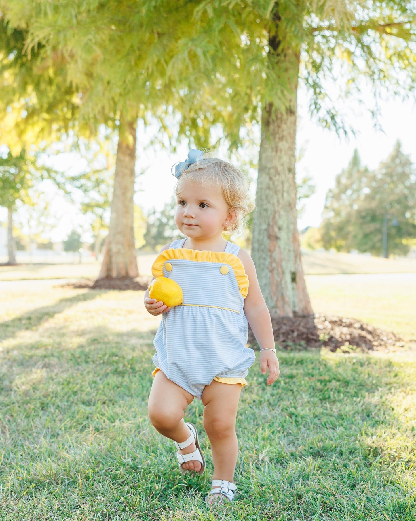 Smock Candy Lucy Sunsuit - Light Blue Stripe and Yellow