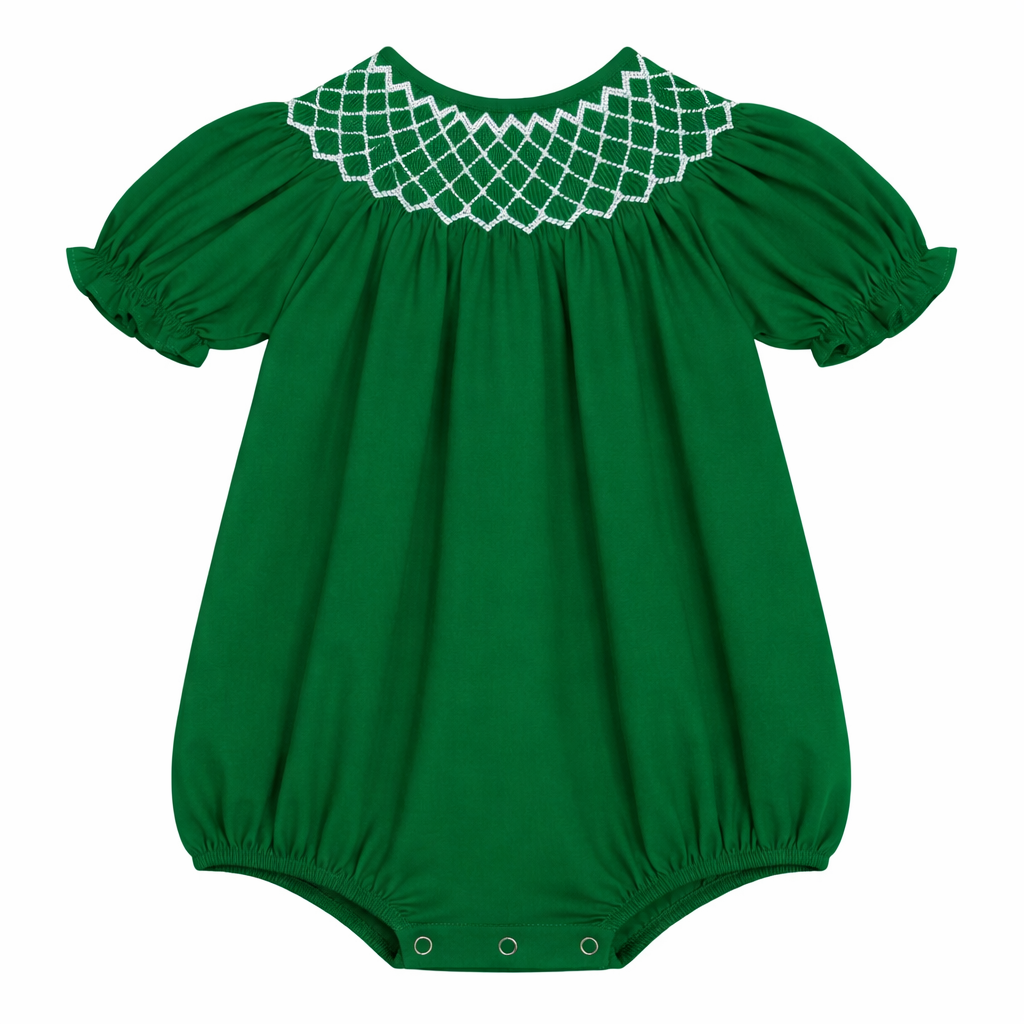 Catherine Hunter Green Smocked Bubble w/ White Pearl