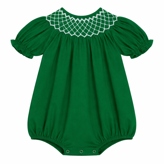 Catherine Hunter Green Smocked Bubble w/ White Pearl