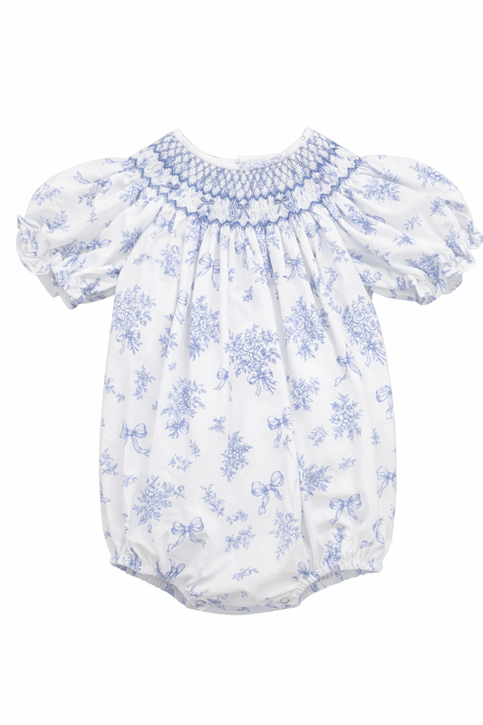 Evelyn White/Blue Floral Print with Bow Smocked Bubble
