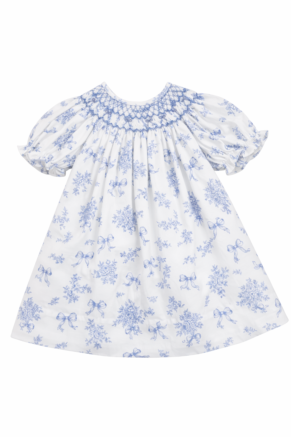 Evelyn White/Blue Floral Print w/ Bow Smocked Dress