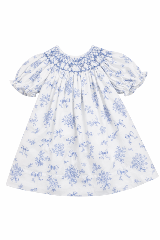 Evelyn White/Blue Floral Print w/ Bow Smocked Dress