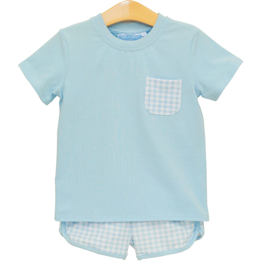 Trotter Street Kids Madden Short Set - Light Blue Gingham