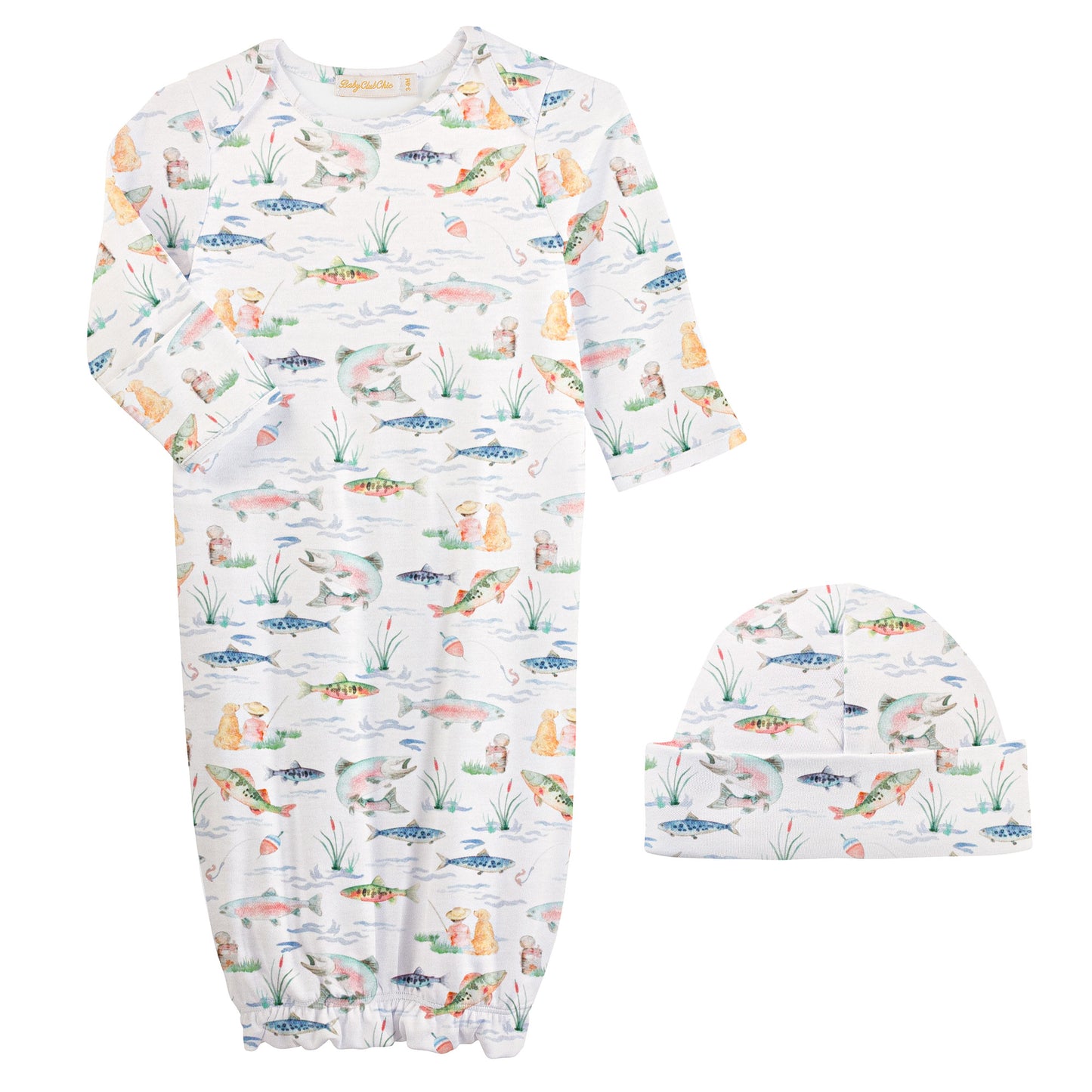 Baby Club Chic Gone Fishing Printed Pima Gown and Hat Set
