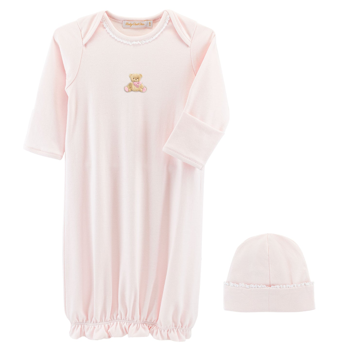 Baby Club Chic Pink Bear Embroidered gown with Lace Trim