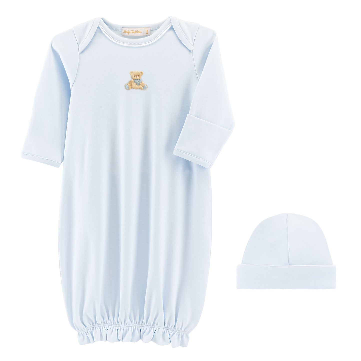 Baby Club Chic Blue Bear Embroidered gown with Lace Trim Hat Set