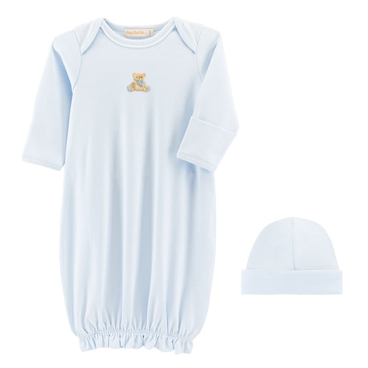 Baby Club Chic Blue Bear Embroidered gown with Lace Trim Hat Set