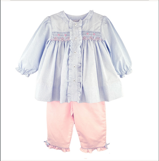 Petit Ami Top & Pant Set with Floral Bishop Smocking - Blue/Pink