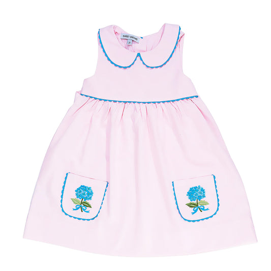 Sweet Dreams Pink Dress with Embroidered Blue Hydrangea