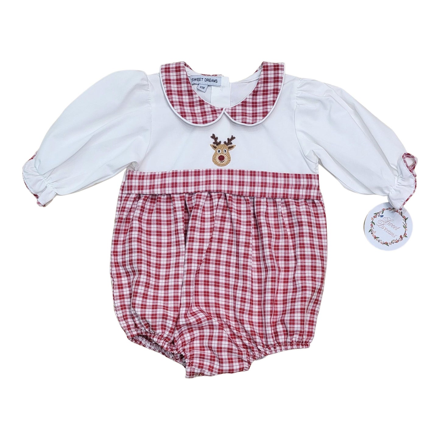 Sweet Dreams Girl Embroidered White & Red Plaid Bubble