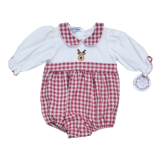 Sweet Dreams Girl Embroidered White & Red Plaid Bubble