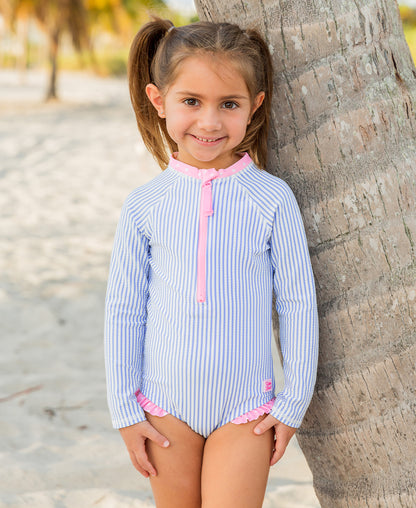 RuffleButts Seersucker Long Sleeve One Piece Zip Up Rash Guard Swimsuit
