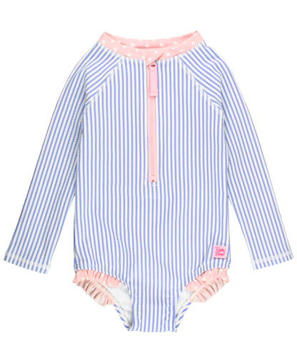 RuffleButts Seersucker Long Sleeve One Piece Zip Up Rash Guard Swimsuit