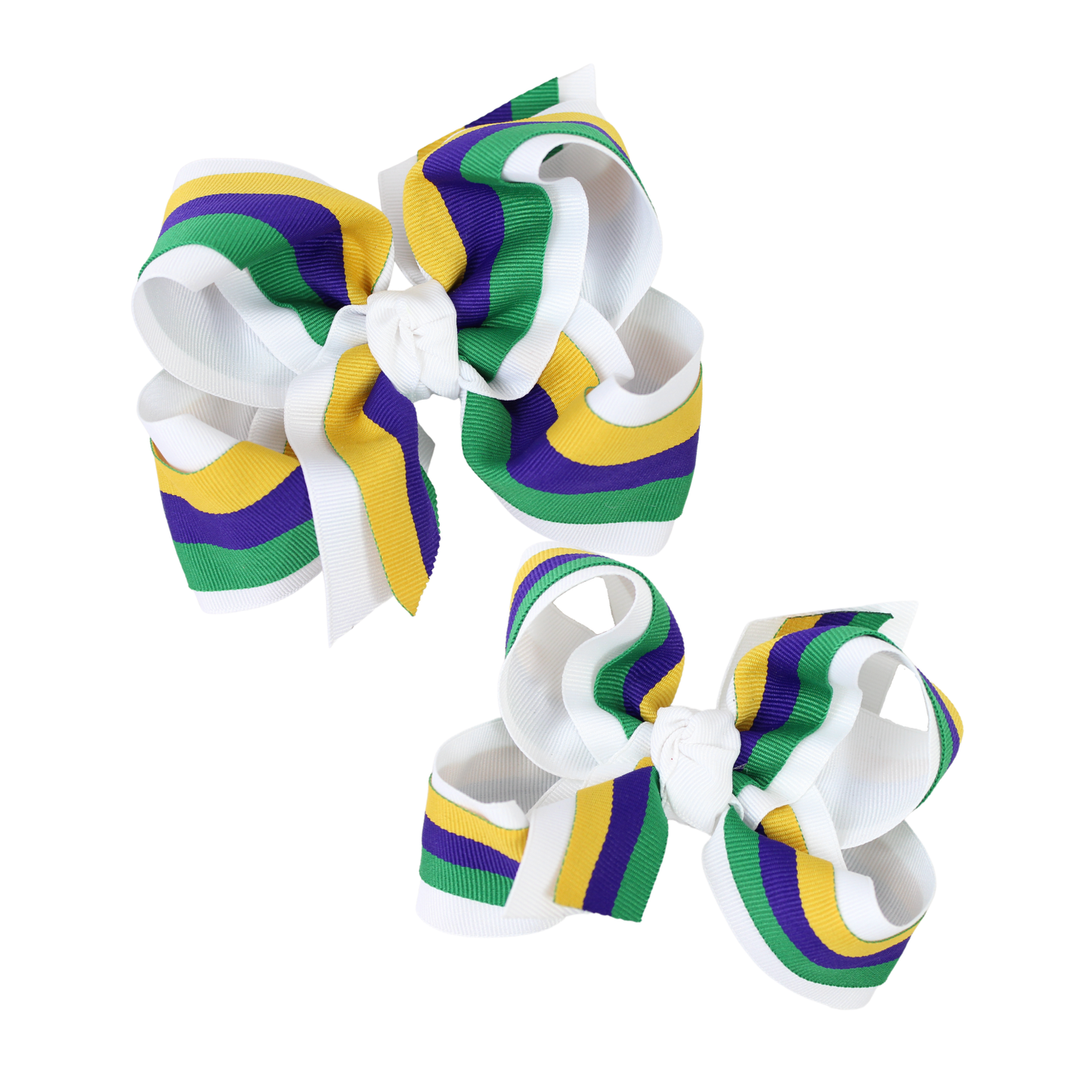 Beyond Creations Layered Mardi Gras Stripe Bow on Alligator Clip: 5.5" Huge - 2.25" Gros. & 2" Mardi Gras Ribbon