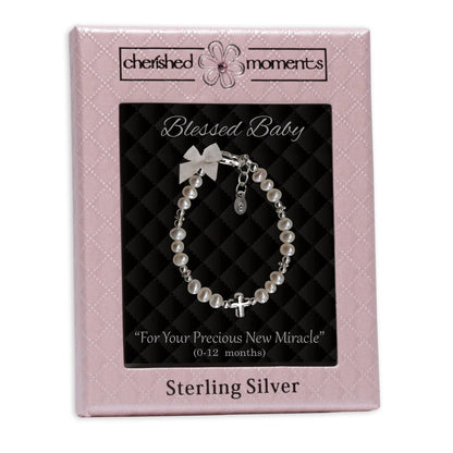 Cherished Moments - Girls Sterling Silver Pearl Cross Baby Bracelet Baptism Gift