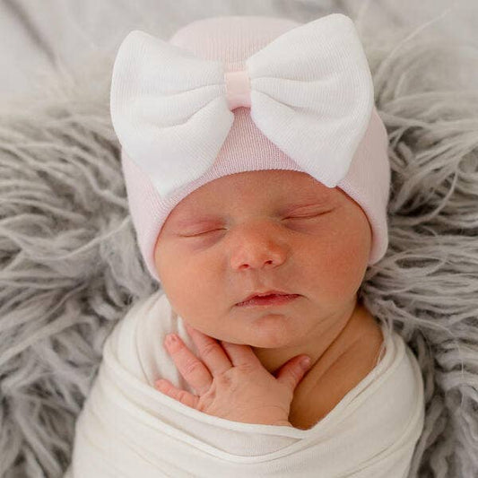 www.ilybean.com - Lyla Pink Hat White Bow with Pink Satin Center Newborn Hat