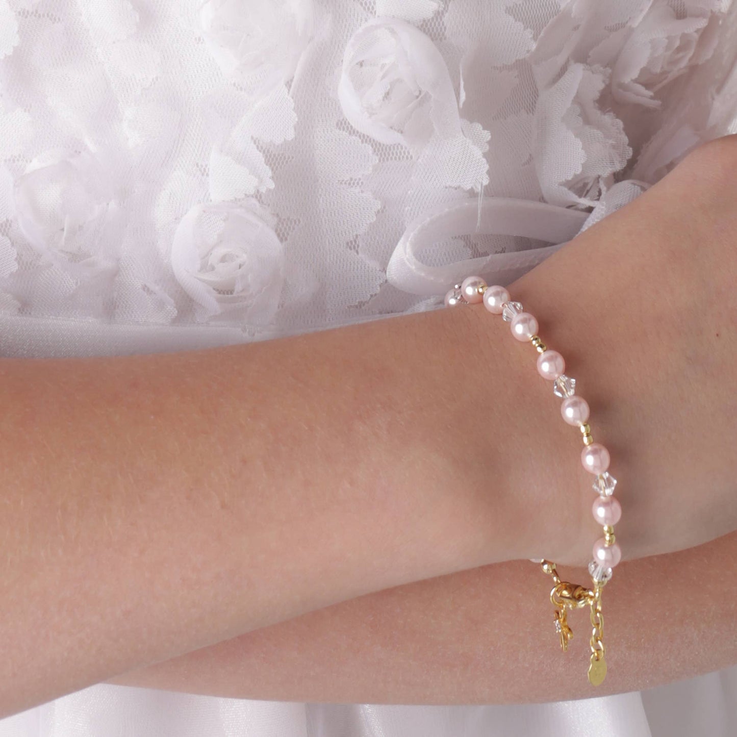 Cherished Moments - 14K Gold-Plated Pink Pearl Cross Bracelet Baptism/Communion