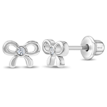 In Season Jewelry - Delicate CZ Bow Baby Toddler Kids Earrings - Sterling Silver