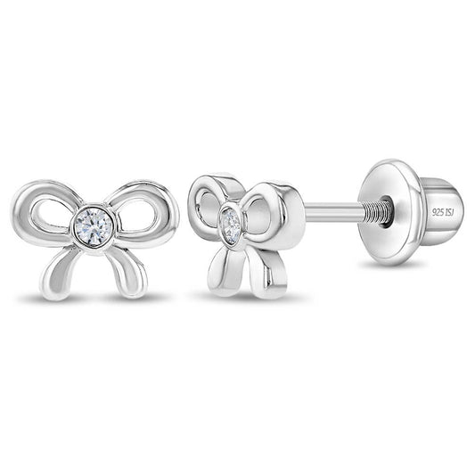 In Season Jewelry - Delicate CZ Bow Baby Toddler Kids Earrings - Sterling Silver