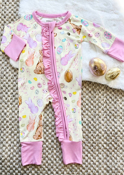 Sweet Bay Clothing - Easter Candy Yellow/Pink Zipper Onesie W/Ruffle