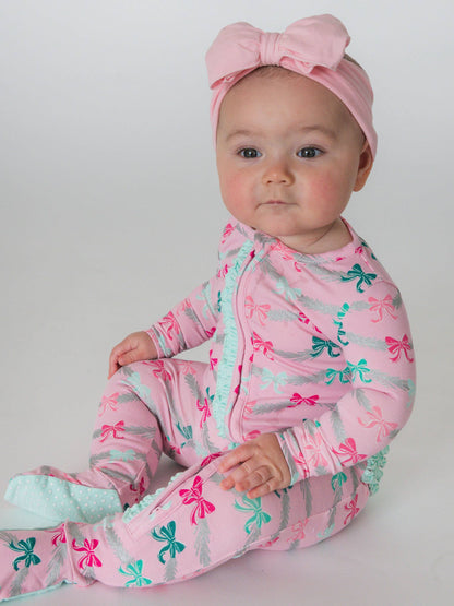 RuffleButts + RuggedButts - SoftSnooze™ Baby Girls Cotton Modal Sparkle Pink Tinsel Tidings Footed Ruffle One Piece Pajama