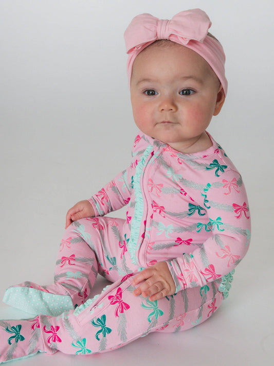 RuffleButts + RuggedButts - SoftSnooze™ Baby Girls Cotton Modal Sparkle Pink Tinsel Tidings Footed Ruffle One Piece Pajama
