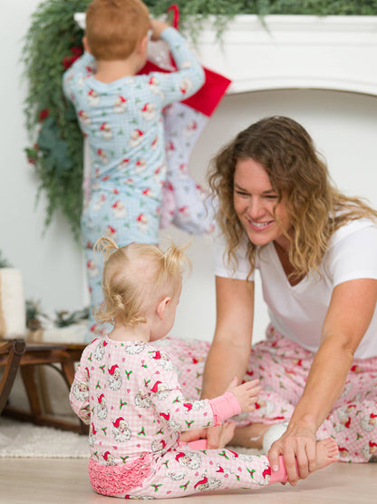 RuffleButts + RuggedButts - SoftSnooze™ Baby Girls Bamboo Viscose Pink Dear Santa Convertible Ruffle One Piece Footie Pajama