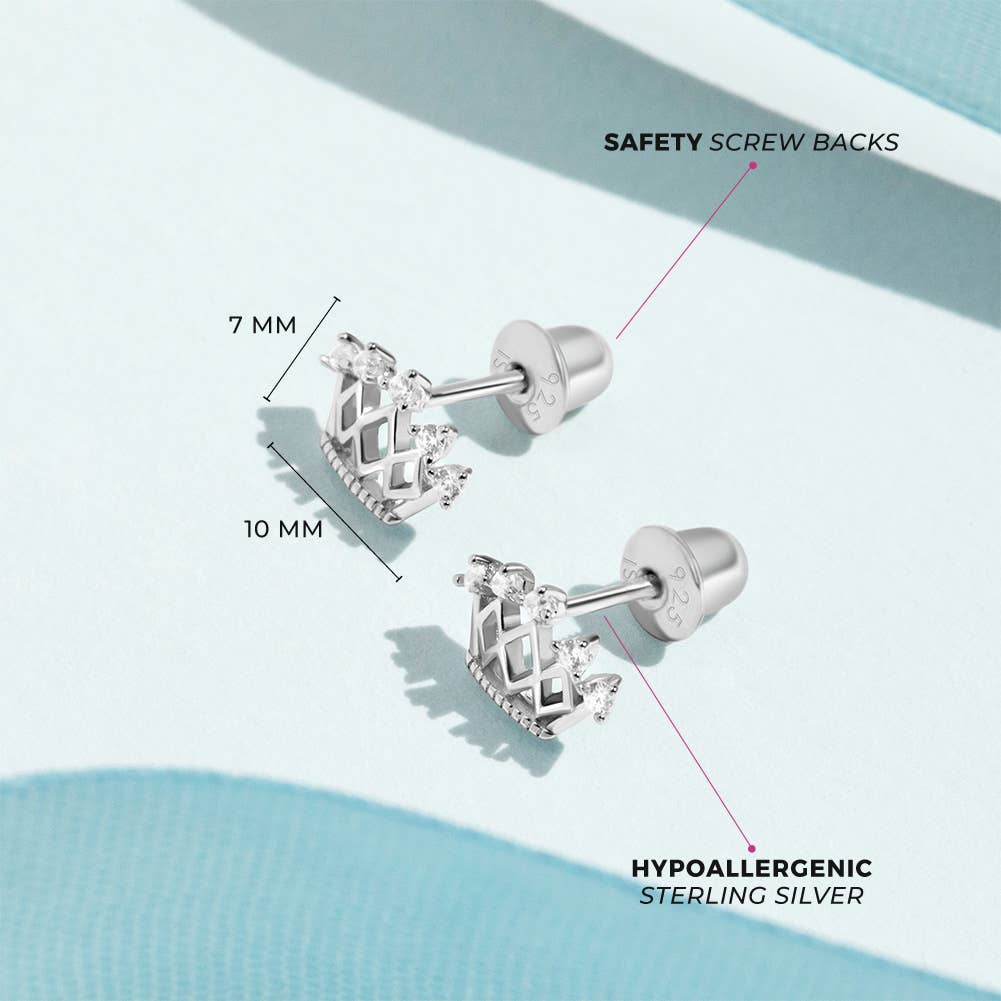 In Season Jewelry - 5 Point CZ Crown Baby / Toddler Earrings - Sterling Silver