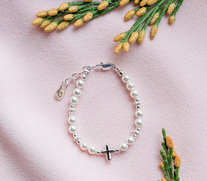 Cherished Moments - Girls Sterling Silver Pearl Cross Baby Bracelet Baptism Gift