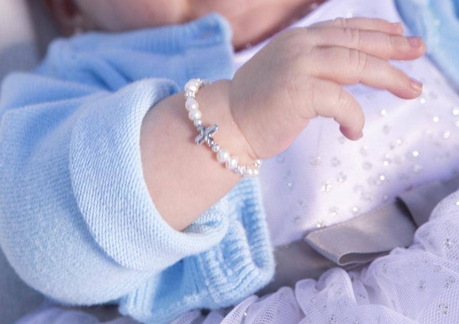Cherished Moments - Girls Sterling Silver Pearl Cross Baby Bracelet Baptism Gift