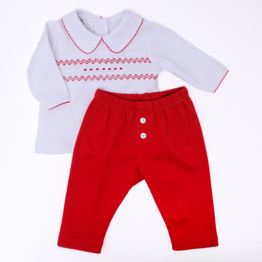 Magnolia Baby Chris and Eves Classics Red Boy Smocked Collared pants set