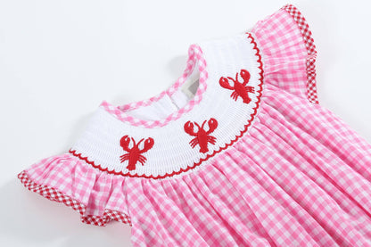 Lil Cactus - Pink Gingham Crawfish Smocked Flutter Romper