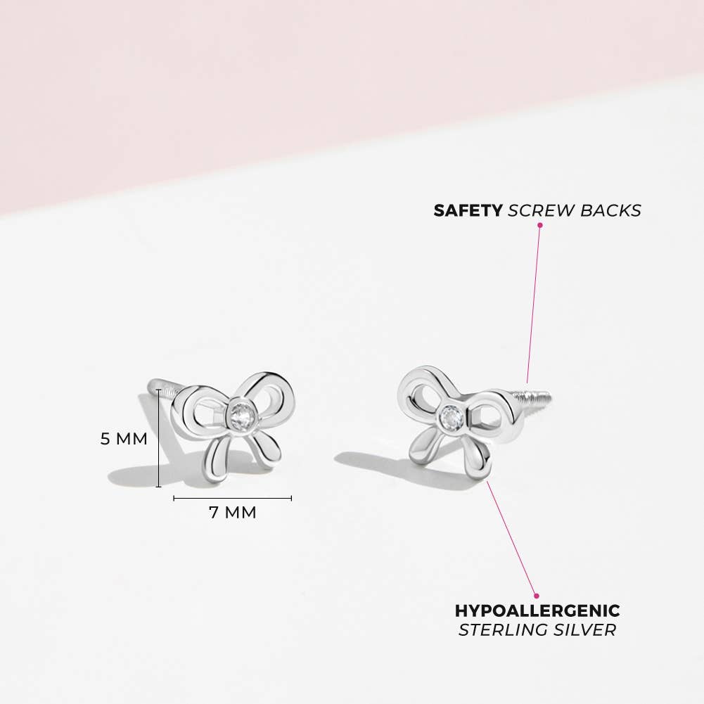 In Season Jewelry - Delicate CZ Bow Baby Toddler Kids Earrings - Sterling Silver