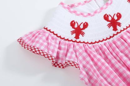 Lil Cactus - Pink Gingham Crawfish Smocked Flutter Romper