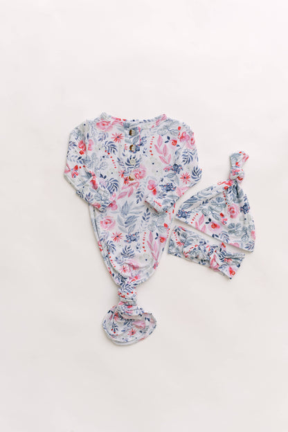 Stroller Society - Newborn Knotted Baby Gown, Bow, Hat Set - Baby Clothes Girl