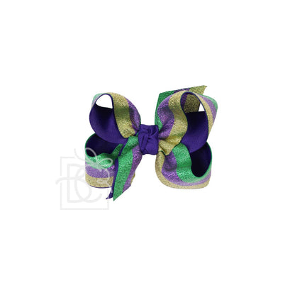 Beyond Creations Layered Mardi Gras Metallic Bow on Alligator Cip: 5.5" Huge