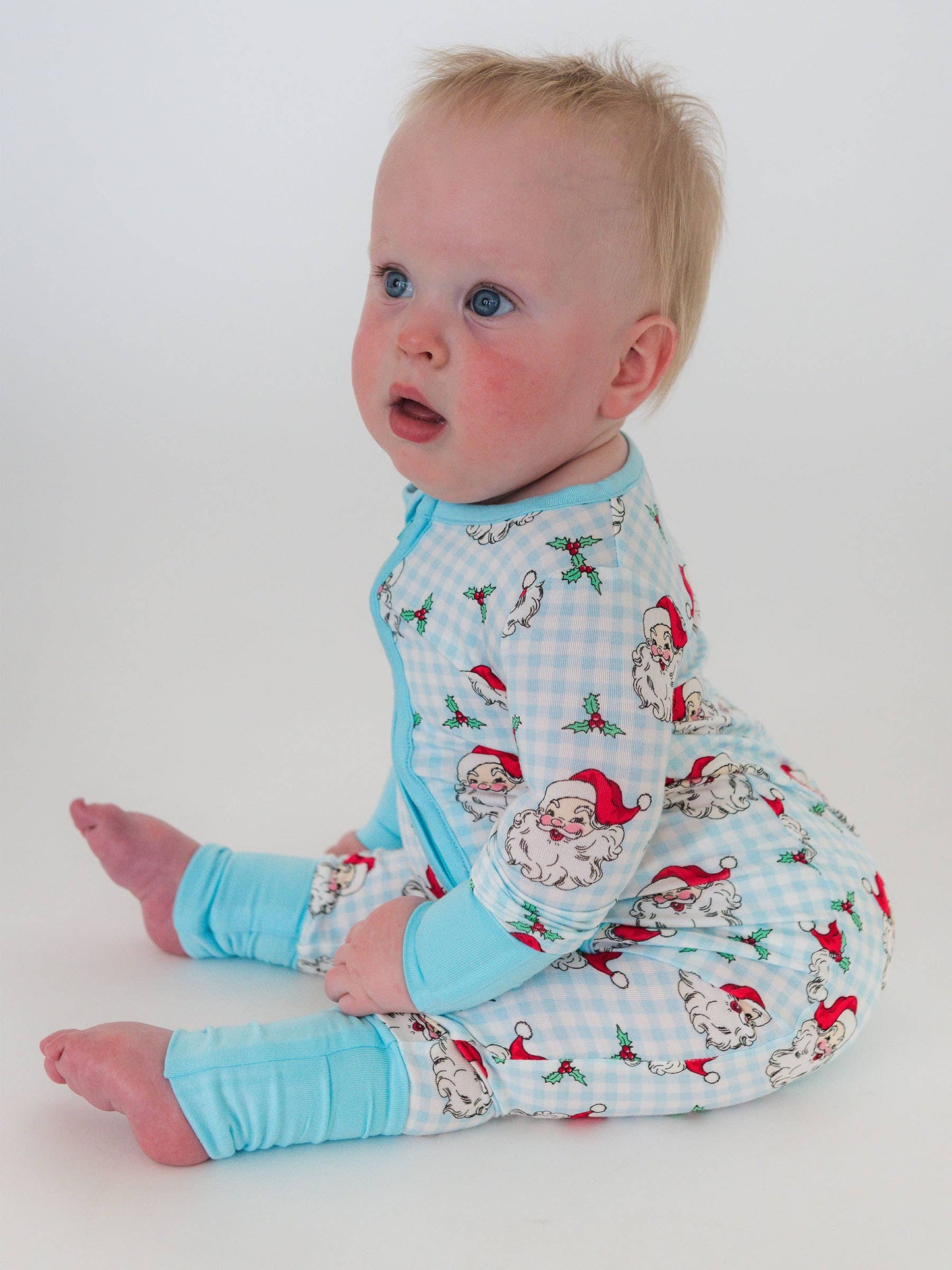 RuffleButts + RuggedButts - SoftSnooze™ Baby Bamboo Viscose Blue Dear Santa Convertible One Piece Footie Pajama