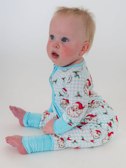 RuffleButts + RuggedButts - SoftSnooze™ Baby Bamboo Viscose Blue Dear Santa Convertible One Piece Footie Pajama