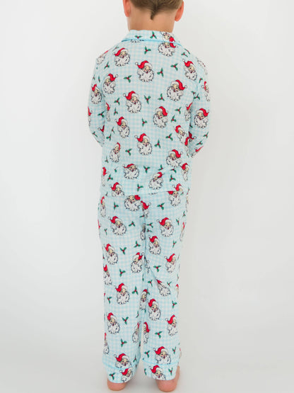 RuffleButts + RuggedButts - SoftSnooze™ Boys Blue Dear Santa Long Sleeve Button Up Pajama Set