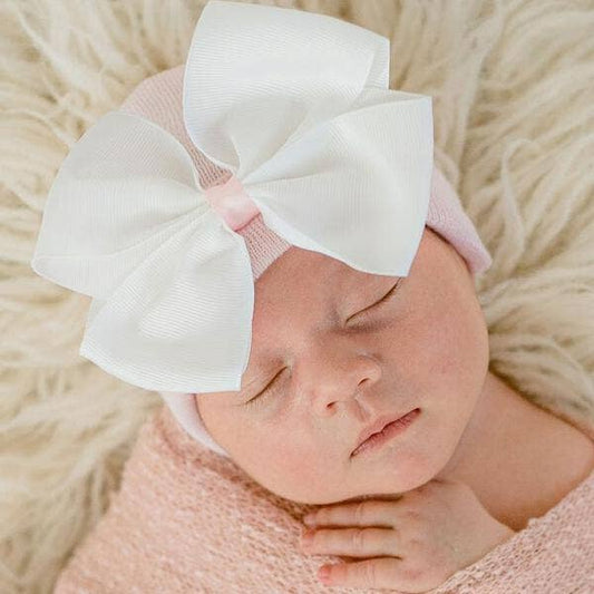 Ily Bean Ava Newborn Girl Hat White Bow with Pink Center