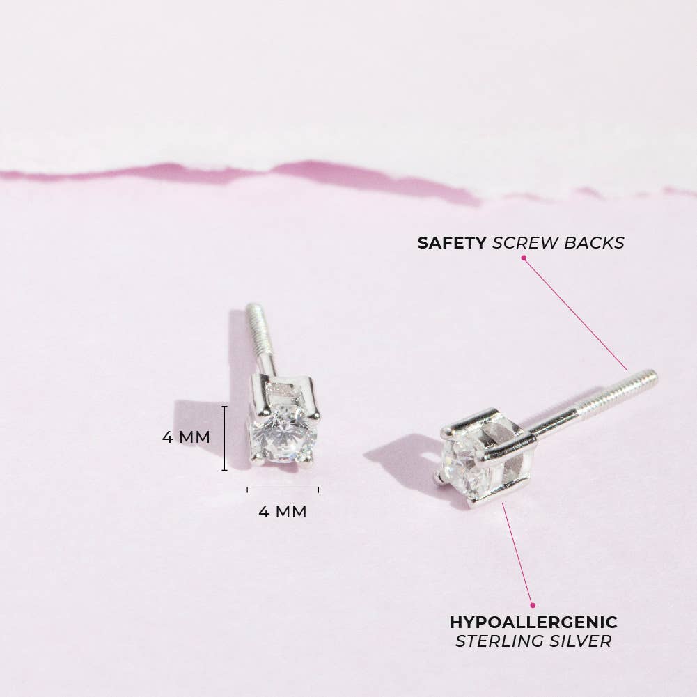 In Season Jewelry - Round Solitaire 4mm Toddler Kids Earrings - Sterling Silver