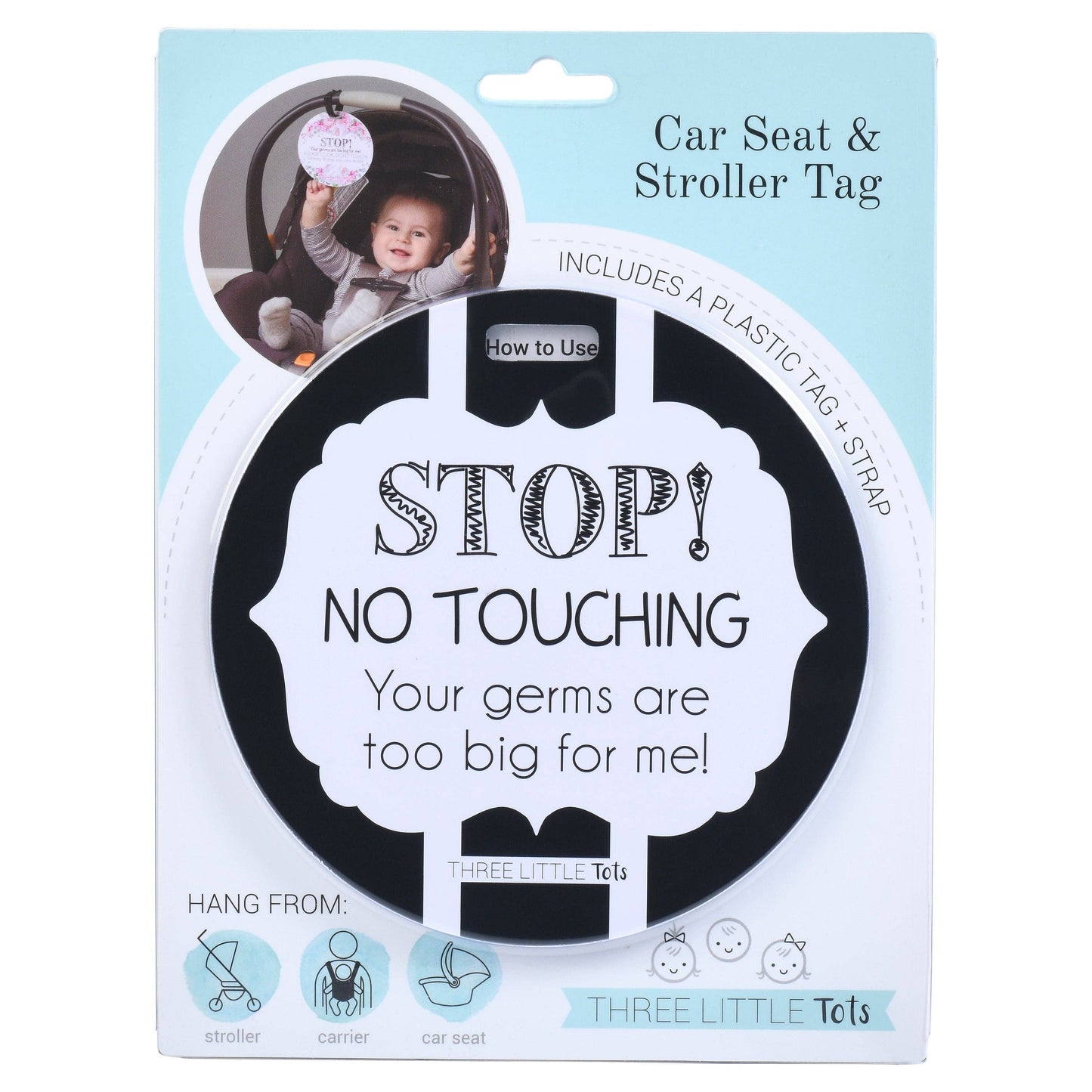 Three Little Tots - Black and White No Touching Baby Car Seat Sign Tag