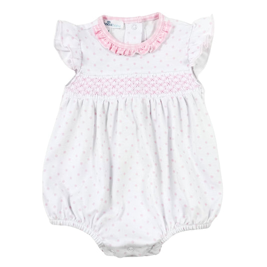 Magnolia Baby Gingham Dots Smocked Flutters Bubble Pink