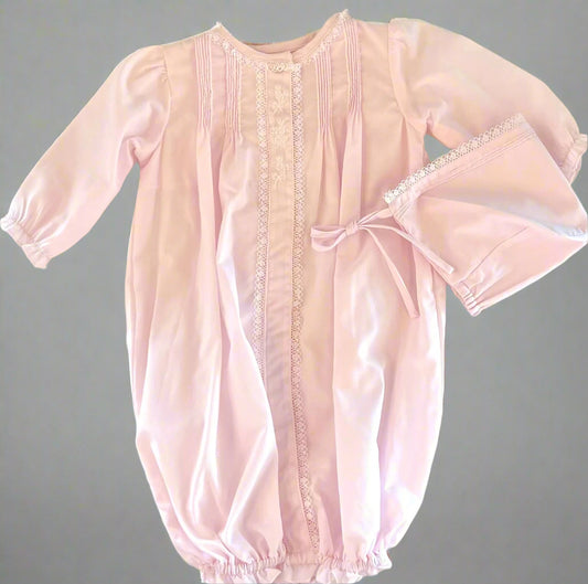 Petit Ami Pink Embroidered Lace Bag Gown and Bonnet